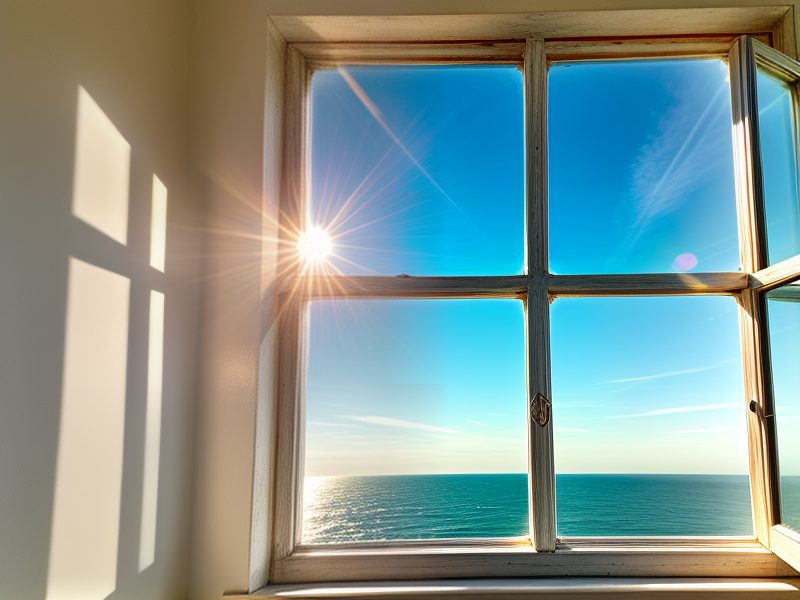 Sauberes Fenster mit Blick nach draußen. Sonne reflektiert leicht im Glas.