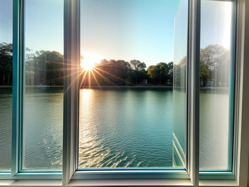 Bild für das Kontaktformular von MK Folientechnik. Offenes Fenster mit leicht türkisem Rahmen mit Blick aufs Wasser. Im Hintergrund sind Bäume und man sieht hinter dem Dickicht die Sonne strahlen